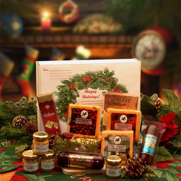 Send a gift basket delivery of: Happy Holidays Gourmet Sampler Pack- Christmas gift basket - Holiday Gift Basket