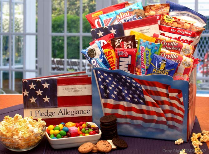 Send a gift basket delivery of: America The Beautiful Snack Gift Box- snack basket - snack gift basket