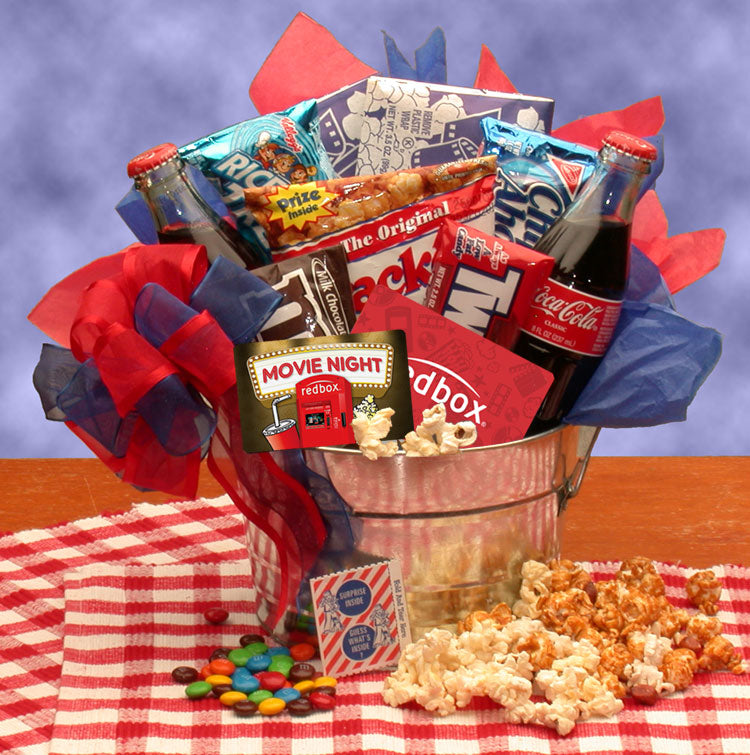 Send a gift basket delivery of: Blockbuster Night Movie Pail - with 10.00 Redbox Gift Card - movie night gift baskets -  movie night - movie night gift baskets for families