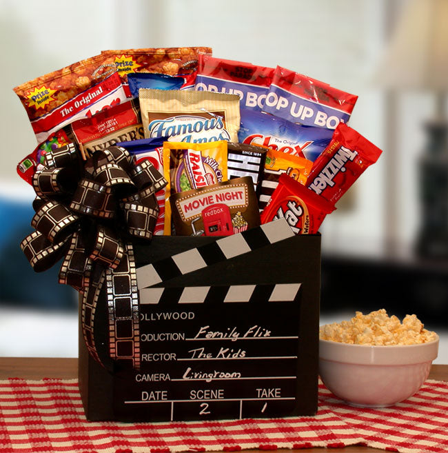 Send a gift basket delivery of: Family Flix Movie Gift Box - movie night gift baskets -  movie night - movie night gift baskets for families