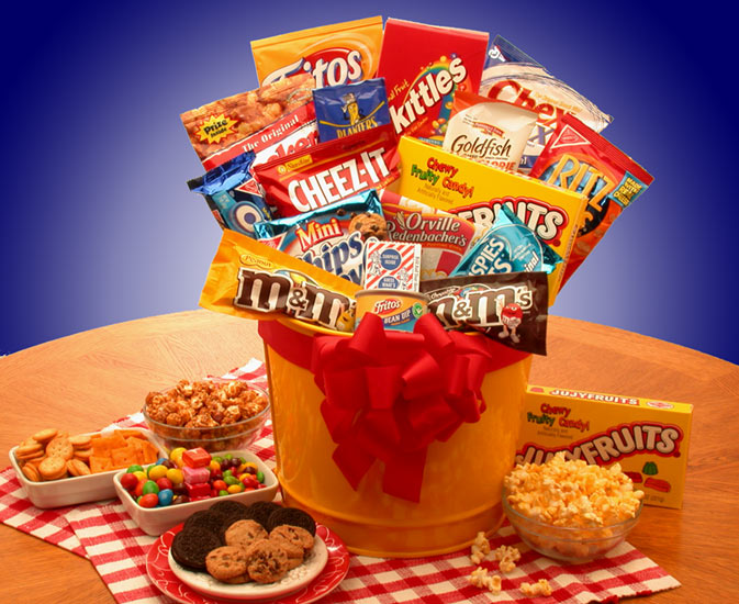 Send a gift basket delivery of: Junk Food Madness Gift Pail - snack basket - snack gift basket