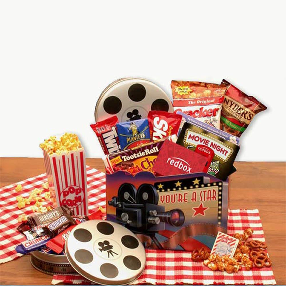 Send a gift basket delivery of: You're a Superstar Movie Gift Box with Redbox Gift card - movie night gift baskets -  movie night - movie night gift baskets for families