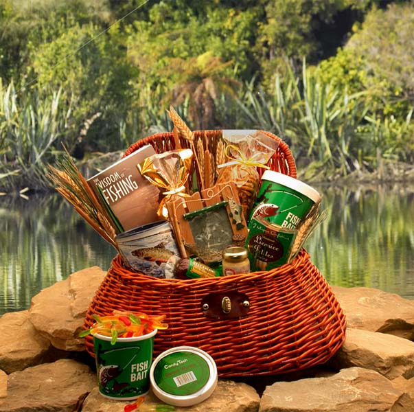 Send a gift basket delivery of: The Fisherman's Fishing Creel Gift Basket  - fishing gift basket