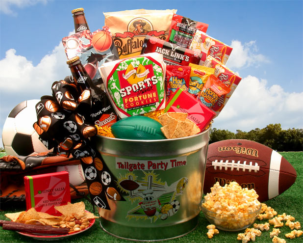 Send a gift basket delivery of: Tailgate Party Time Gift Pail - gift for a man