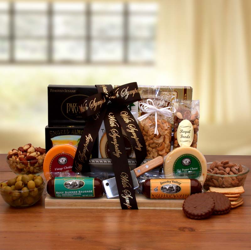 Send a gift basket delivery of: With Our Deepest Sympathy Gourmet Gift Board - sympathy gift baskets - sympathy baskets - condolences gift basket for loss