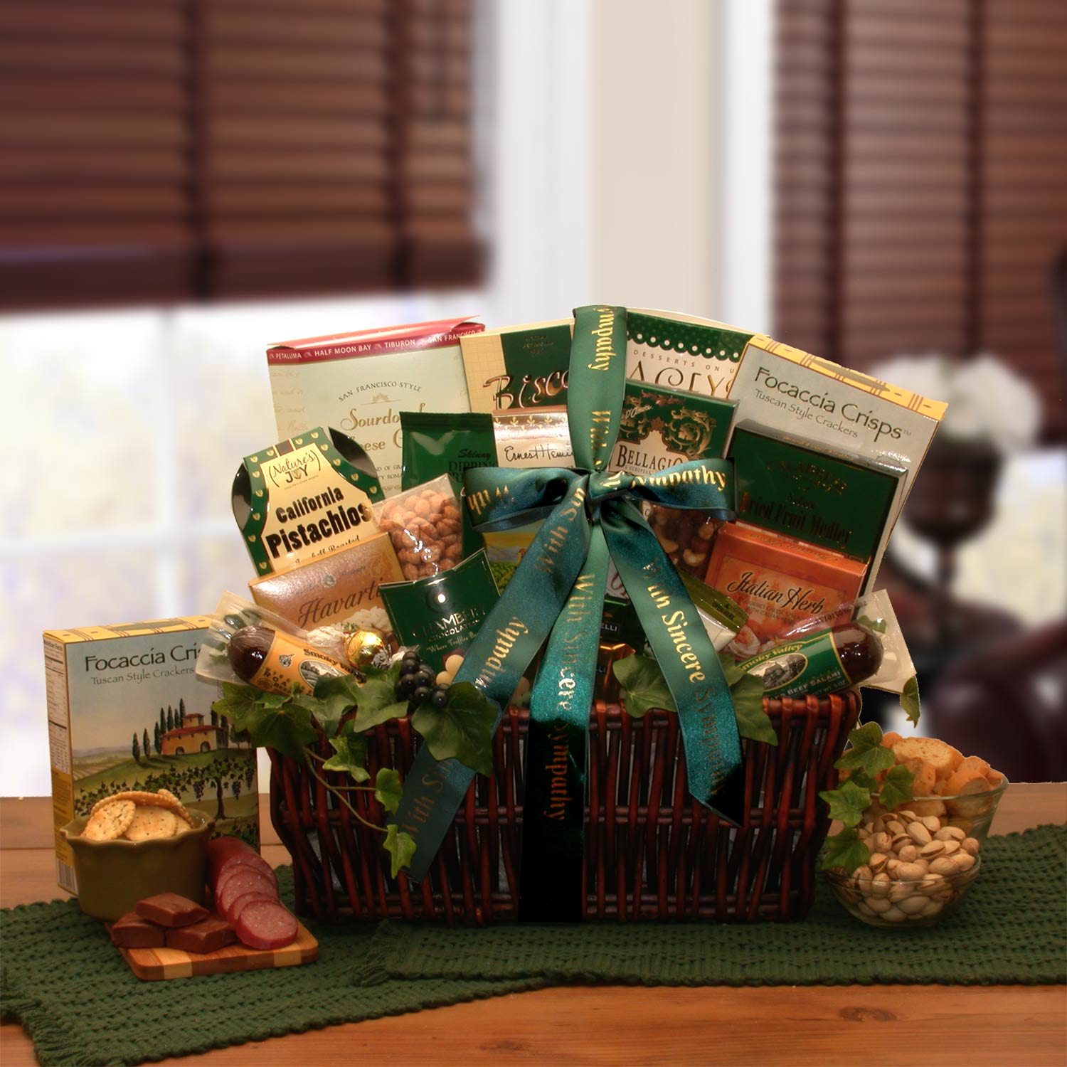 Send a gift basket delivery of: With Our Sincerest Sympathy Gift Basket - sympathy gift baskets - sympathy baskets - condolences gift basket for loss