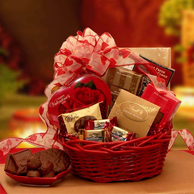 Send a gift basket delivery of: Chocolate Inspirations Valentine Gift Basket - valentines day candy - valentines day gifts  - valentines day gifts for him - valentines day gifts for her