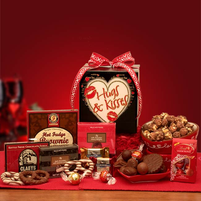 Send a gift basket delivery of: Hugs & Kisses Valentine Care Package - valentines day candy - valentines day gifts - chocolate care package