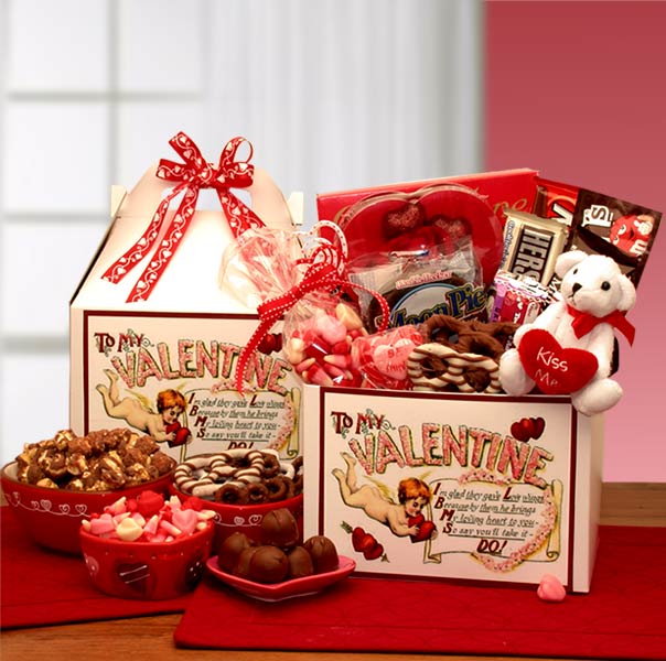 Send a gift basket delivery of: Love Notes To My Valentine Care Package - valentines day candy - valentines day gifts  - valentines day gifts for him - valentines day gifts for her