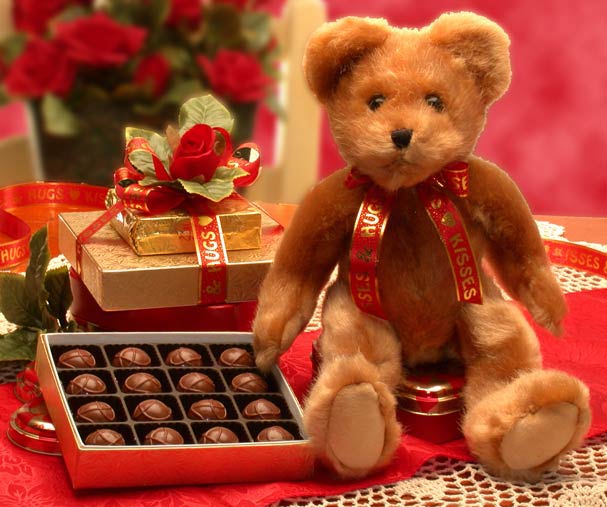 Send a gift basket delivery of: Valentine Hugs & Kisses Teddy Bear & Chocolates - valentines day candy - valentines day gifts - chocolate care package