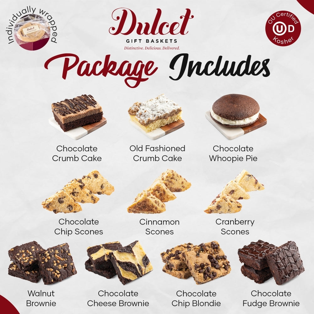 Dulcet Gift Baskets product list with various types of cakes and scones.